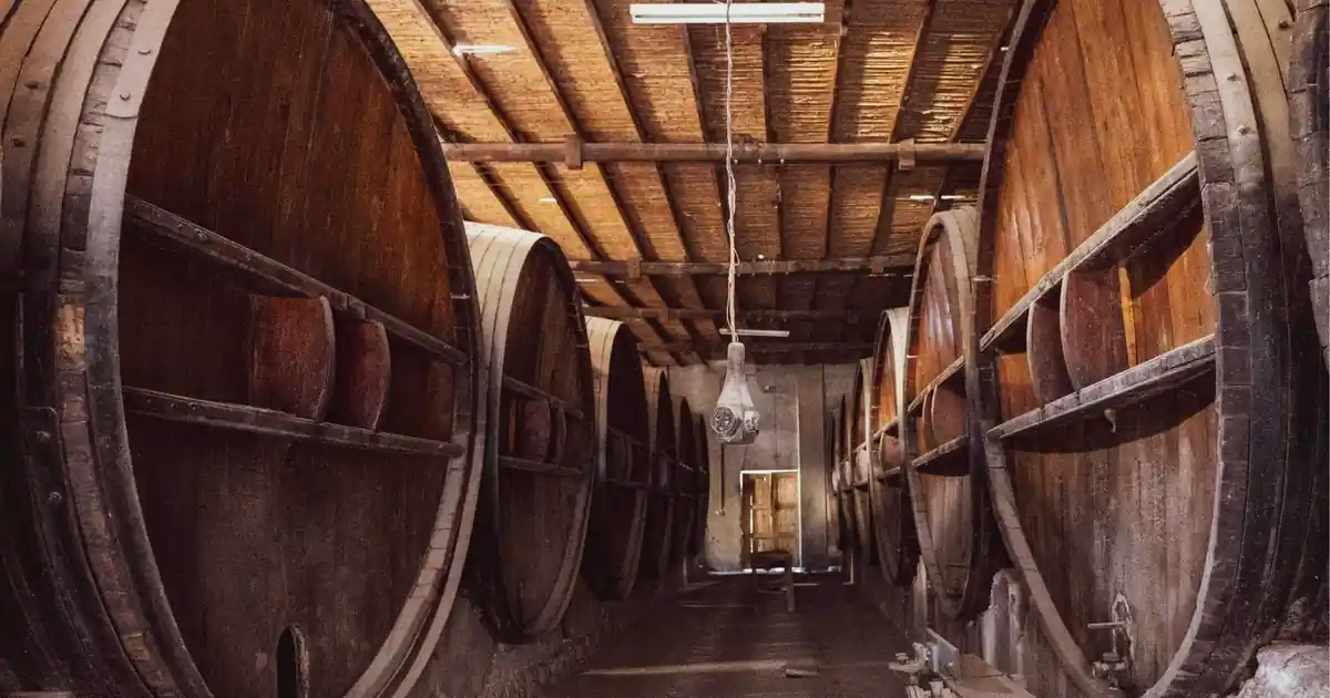 Rows of Port wine barrels ageing inside a traditional cellar in Vila Nova de Gaia