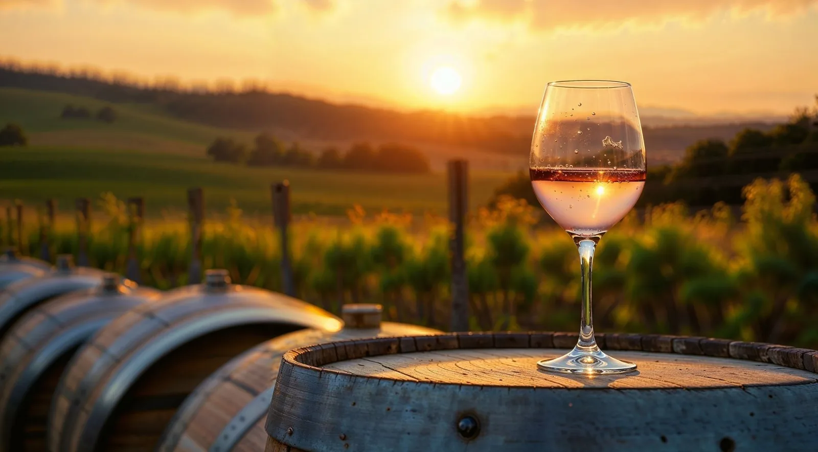 A glass of Port wine on a barrel at sunset over the vineyards